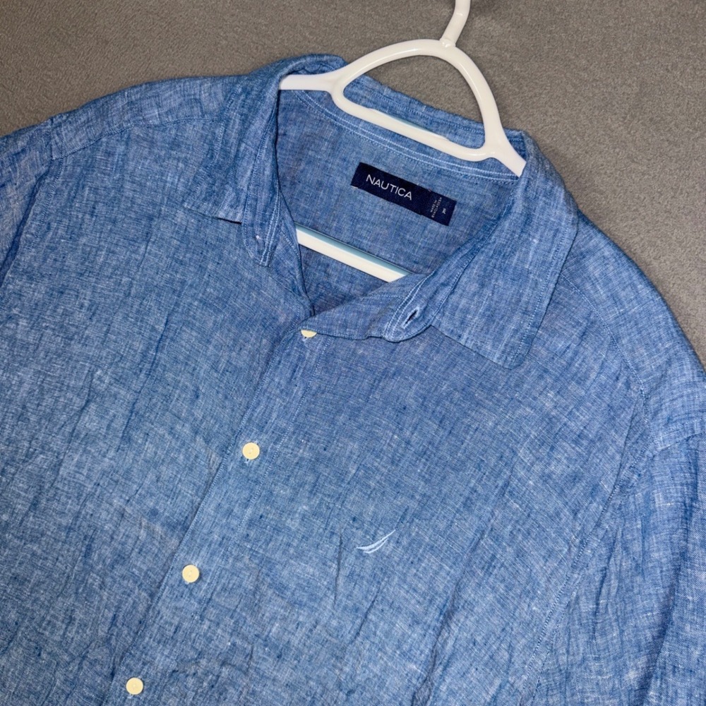 Nautica Shirt Mens XL Blue Linen Short Sleeve Button Down Logo Classic